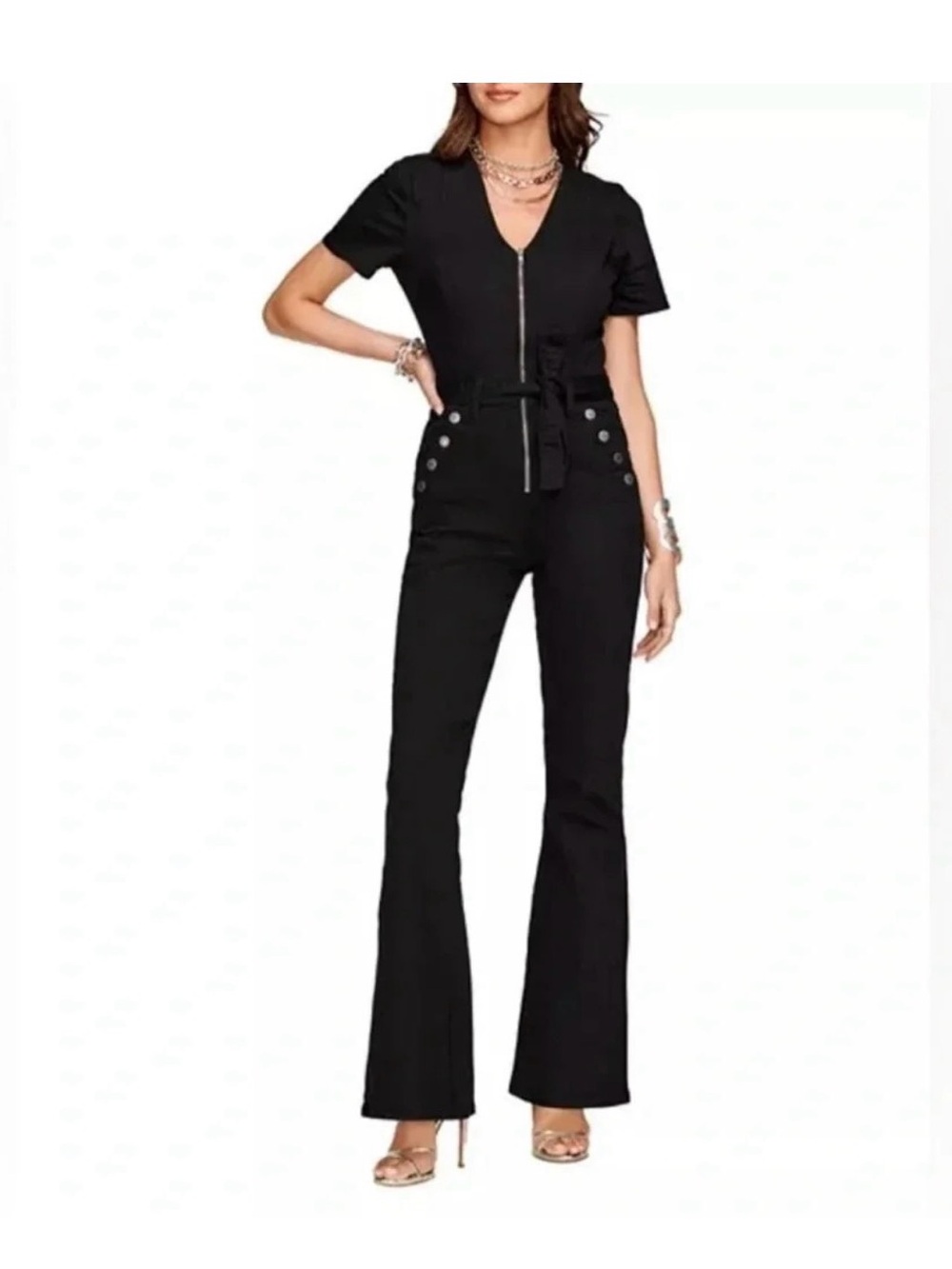 Ramy Brook Black Short-Sleeve Zip Front Belted Jumpsuit